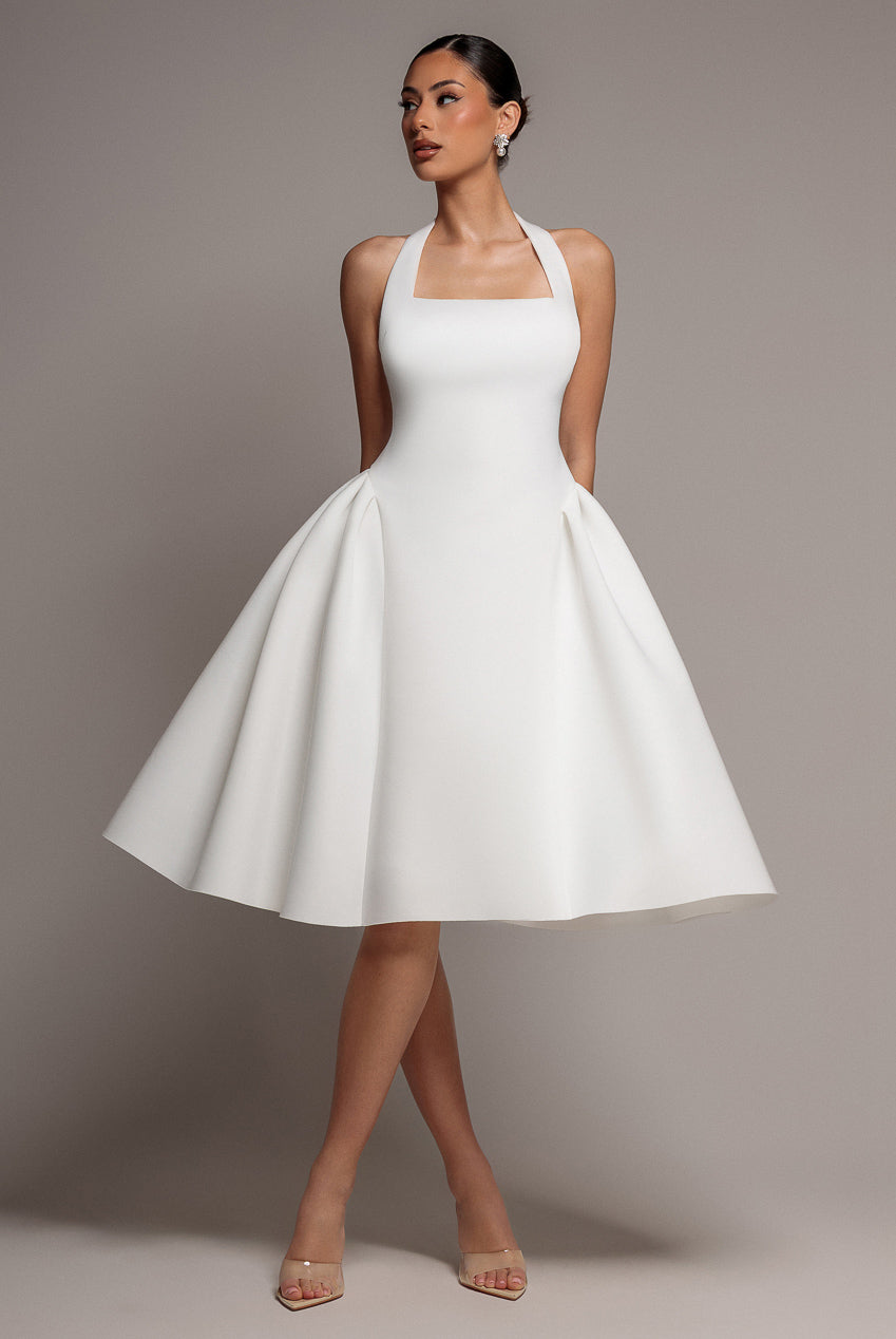 Corset Fit And Flare Halter Neck Midi Dress - White DR5134