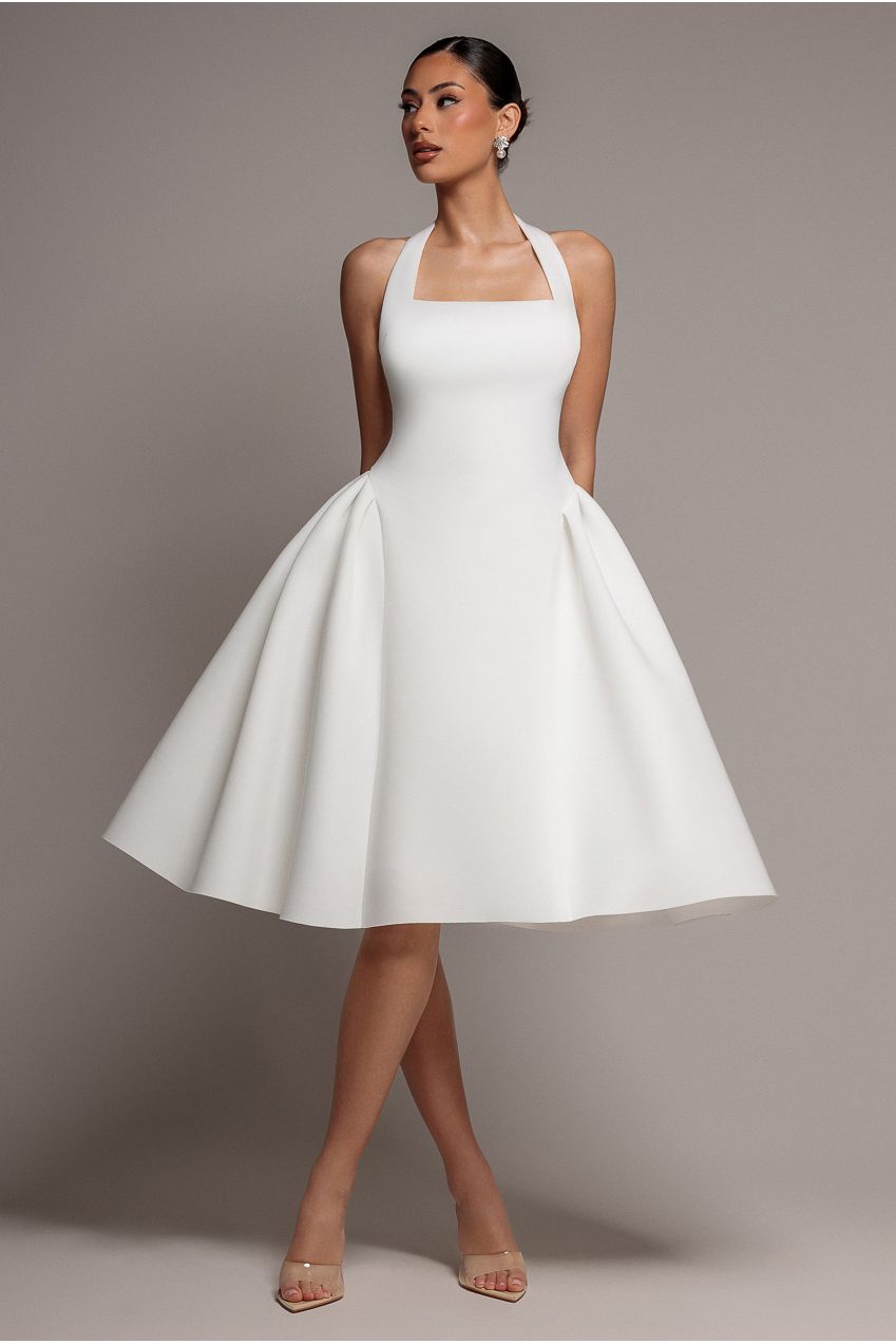 Corset Fit And Flare Halter Neck Midi Dress - White DR5134