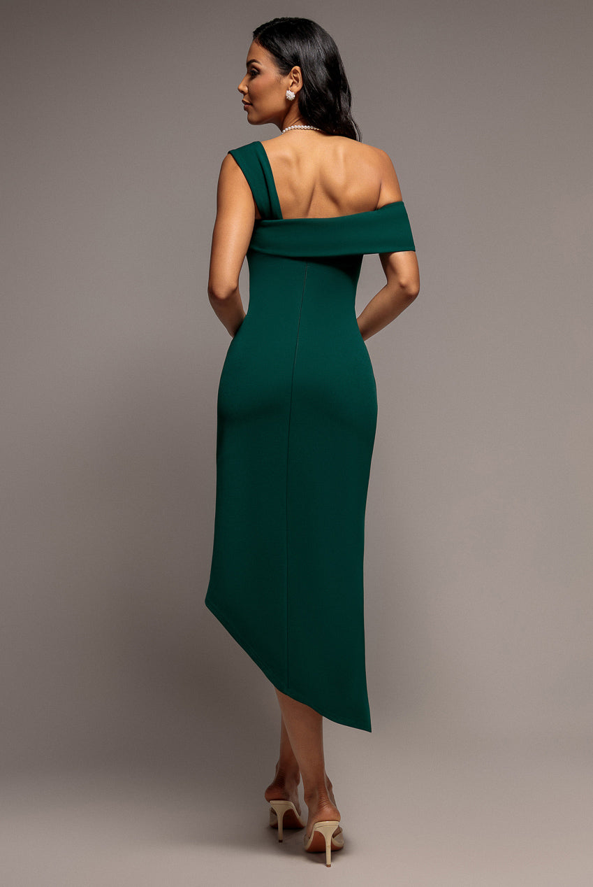 Off Shoulder Pleated Waist Asymmetric Midaxi Dress - Emerald Green DR5137