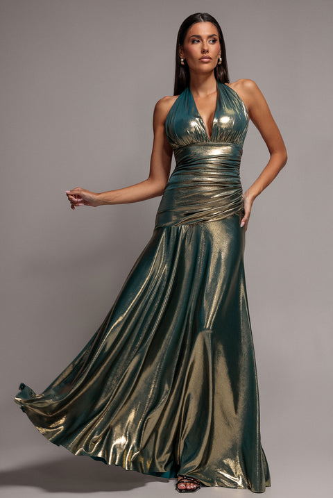 Halterneck Empire Waist Gathered Sunrise Foil Maxi Dress - Dark Gold by Goddiva