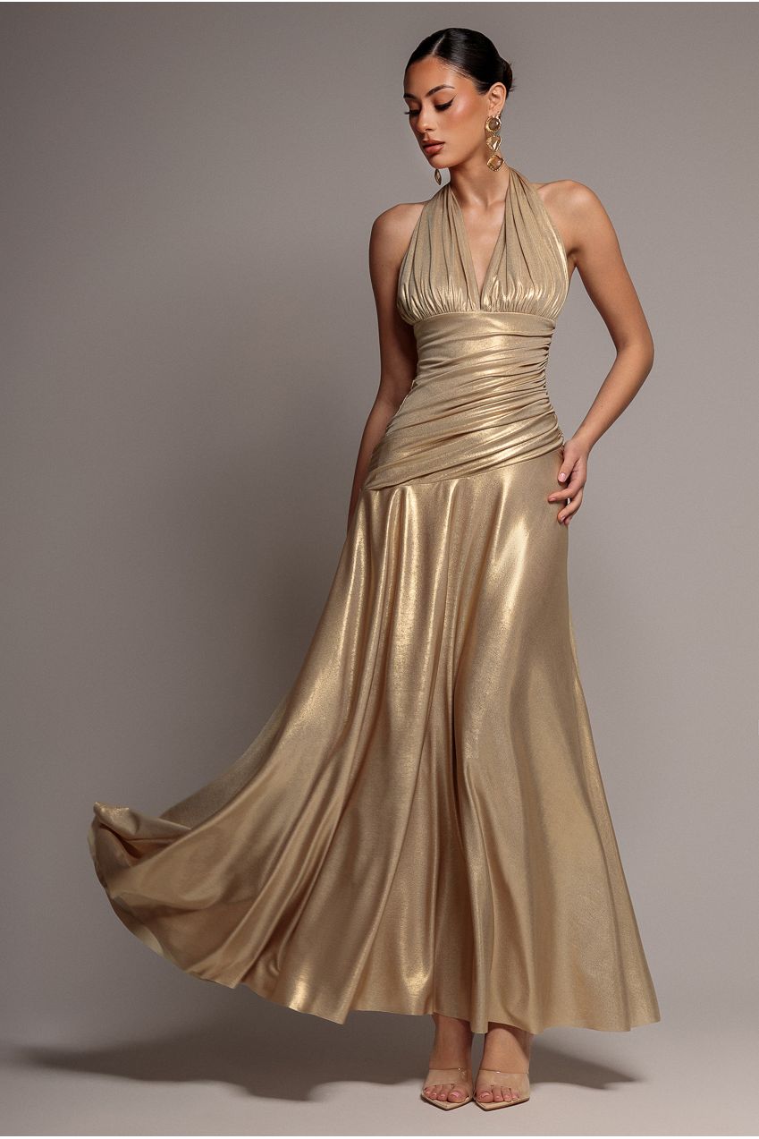 Halterneck Empire Waist Gathered Sunrise Foil Maxi Dress - Gold DR5138