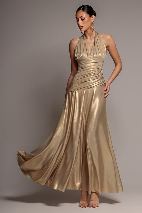 Halterneck Empire Waist Gathered Sunrise Foil Maxi Dress - Gold by Goddiva