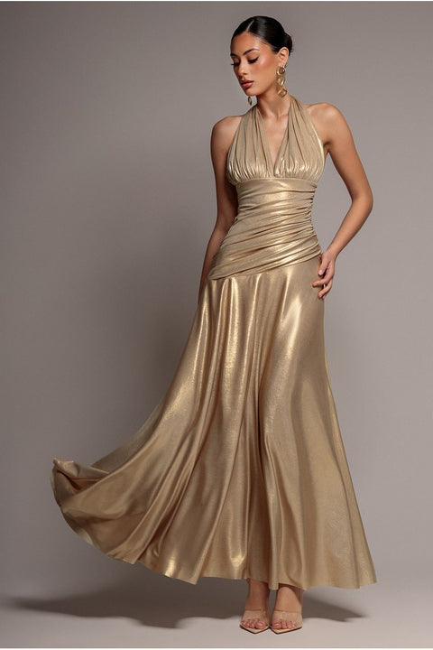 Halterneck Empire Waist Gathered Sunrise Foil Maxi Dress - Gold by Goddiva
