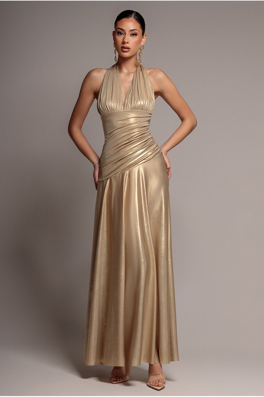 Halterneck Empire Waist Gathered Sunrise Foil Maxi Dress - Gold DR5138