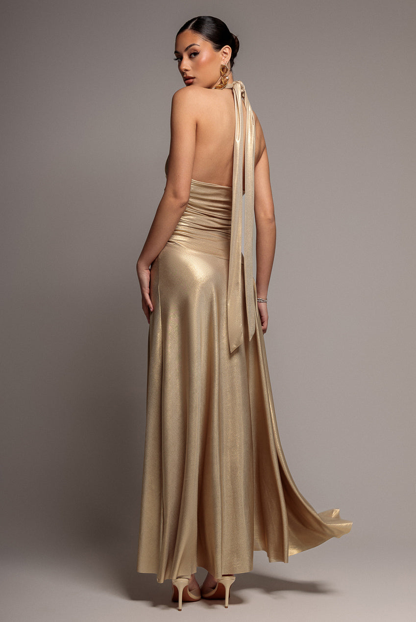 Halterneck Empire Waist Gathered Sunrise Foil Maxi Dress - Gold DR5138