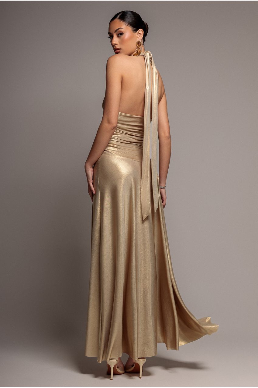 Halterneck Empire Waist Gathered Sunrise Foil Maxi Dress - Gold DR5138