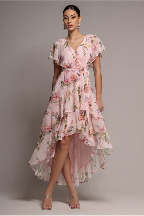 Flutter Sleeve Chiffon Midaxi Wrap Dress - Blush Pink by Goddiva