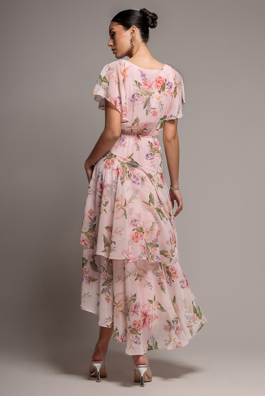 Flutter Sleeve Chiffon Midaxi Wrap Dress - Blush Pink DR5140