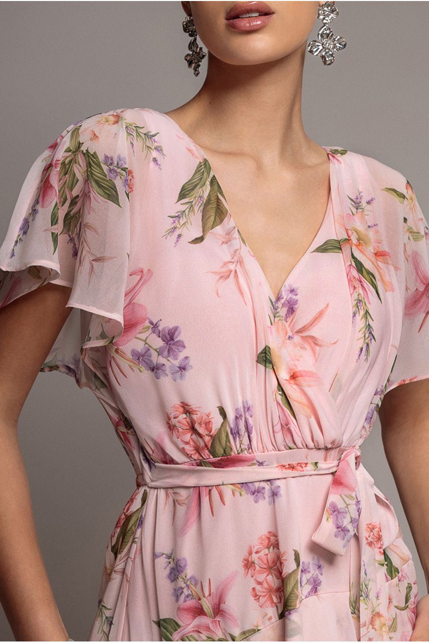 Flutter Sleeve Chiffon Midaxi Wrap Dress - Blush Pink DR5140