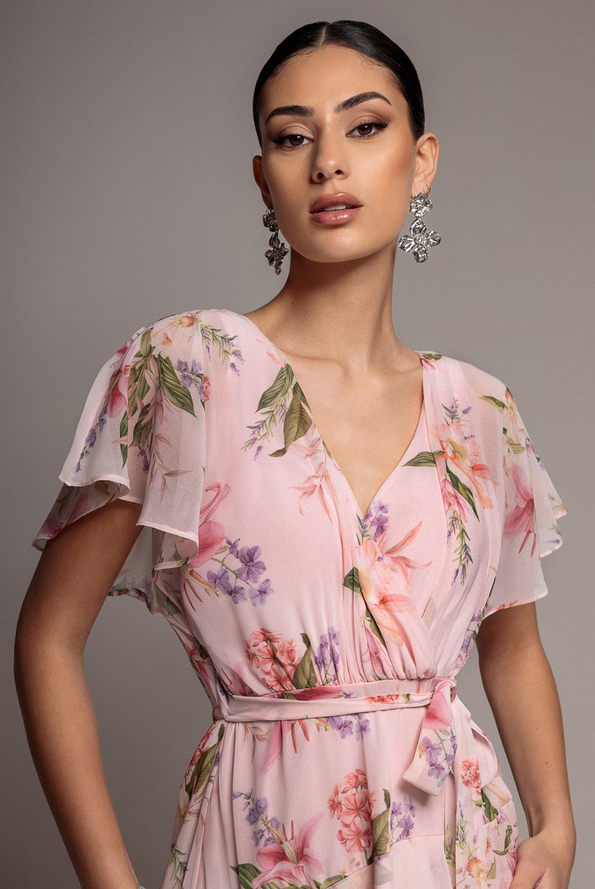 Flutter Sleeve Chiffon Midaxi Wrap Dress - Blush Pink DR5140