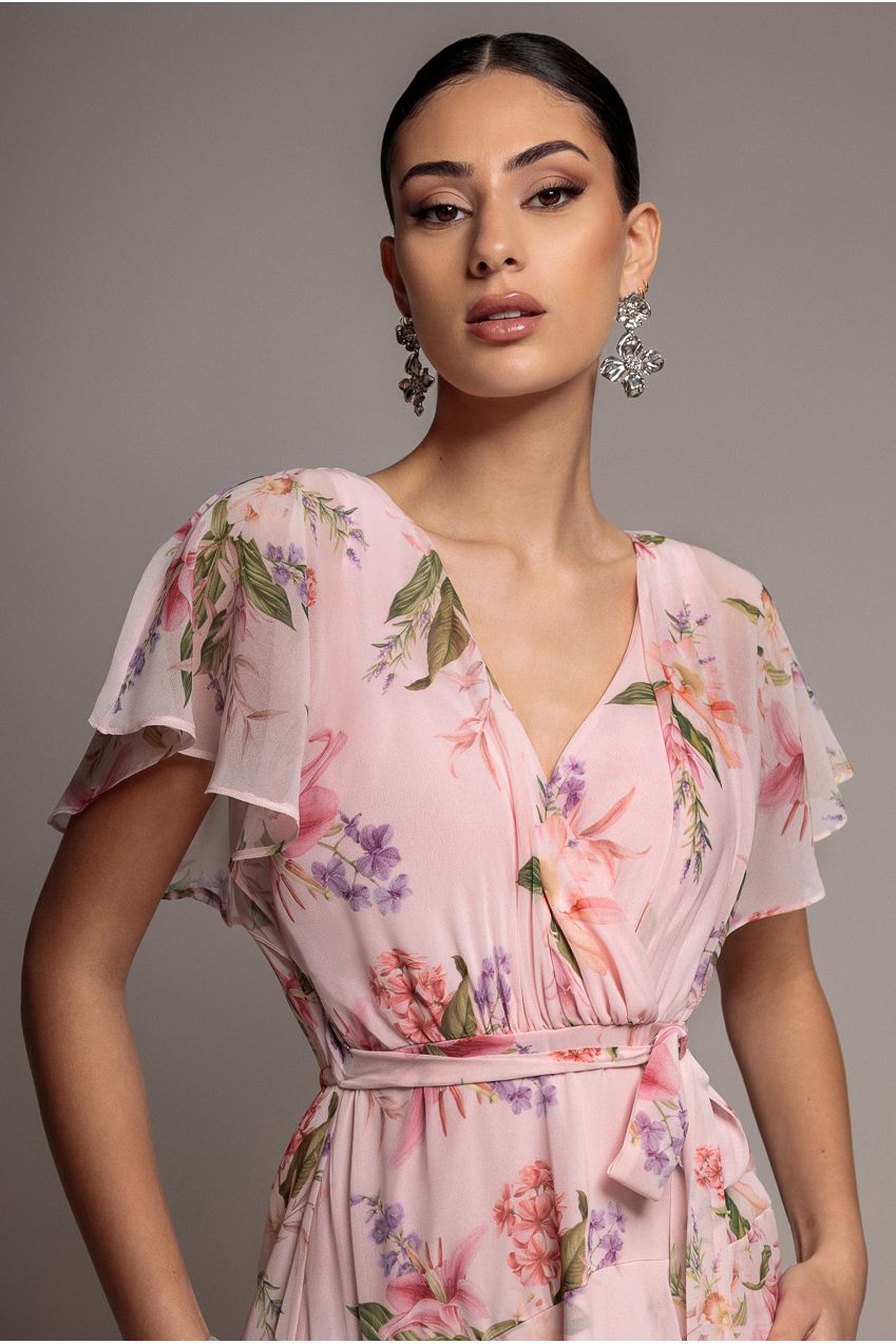 Flutter Sleeve Chiffon Midaxi Wrap Dress - Blush Pink DR5140