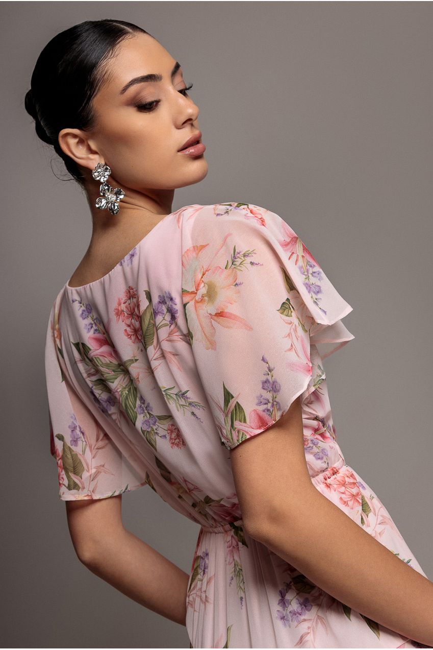 Flutter Sleeve Chiffon Midaxi Wrap Dress - Blush Pink DR5140