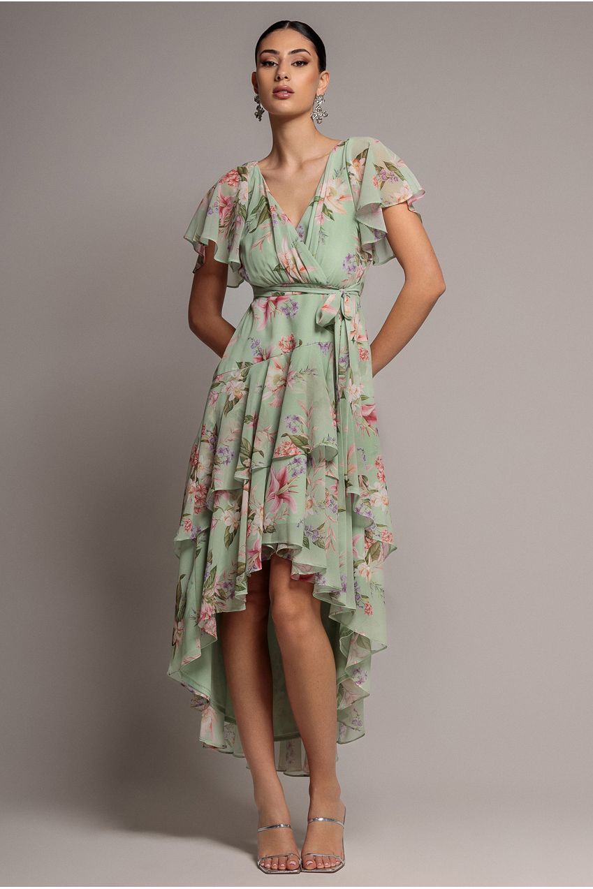 Flutter Sleeve Chiffon Midaxi Wrap Dress - Sage Green DR5140