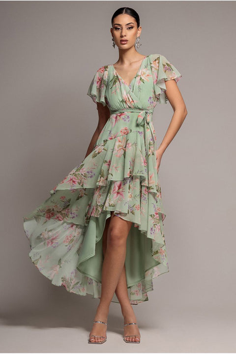 Flutter Sleeve Chiffon Midaxi Wrap Dress - Sage Green by Goddiva