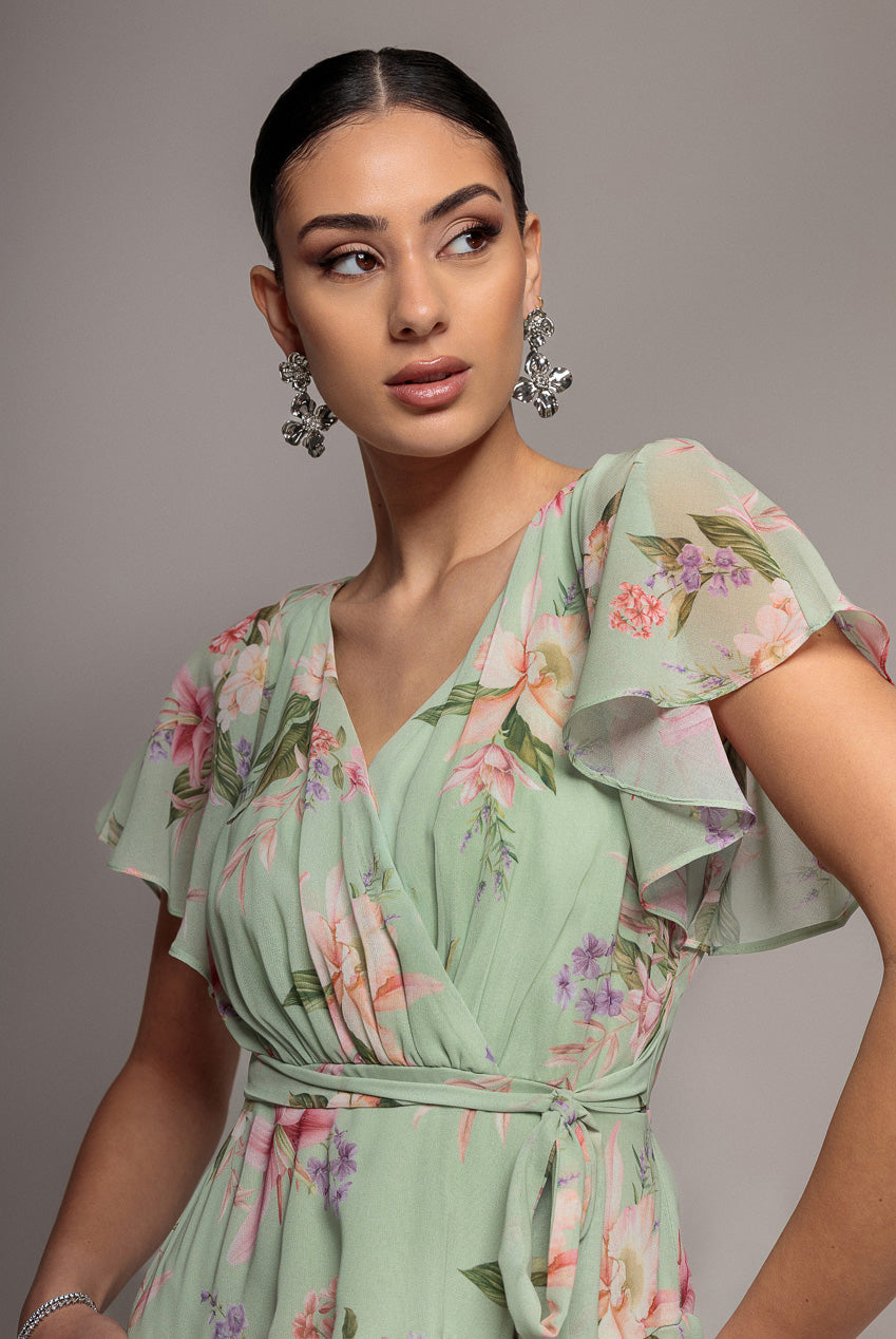 Flutter Sleeve Chiffon Midaxi Wrap Dress - Sage Green DR5140