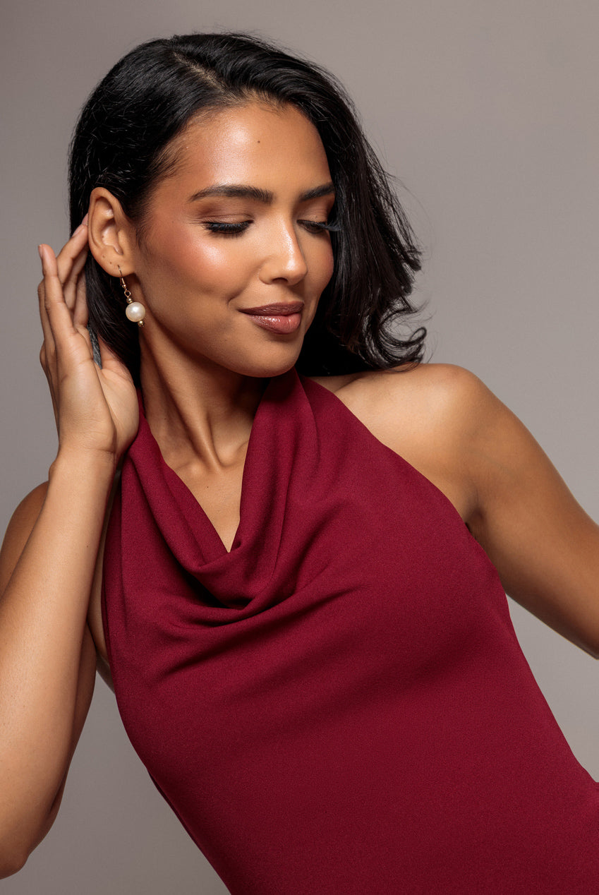 Halterneck Cowl Neck Backless Scuba Crepe Maxi Dress - Burgundy DR5148