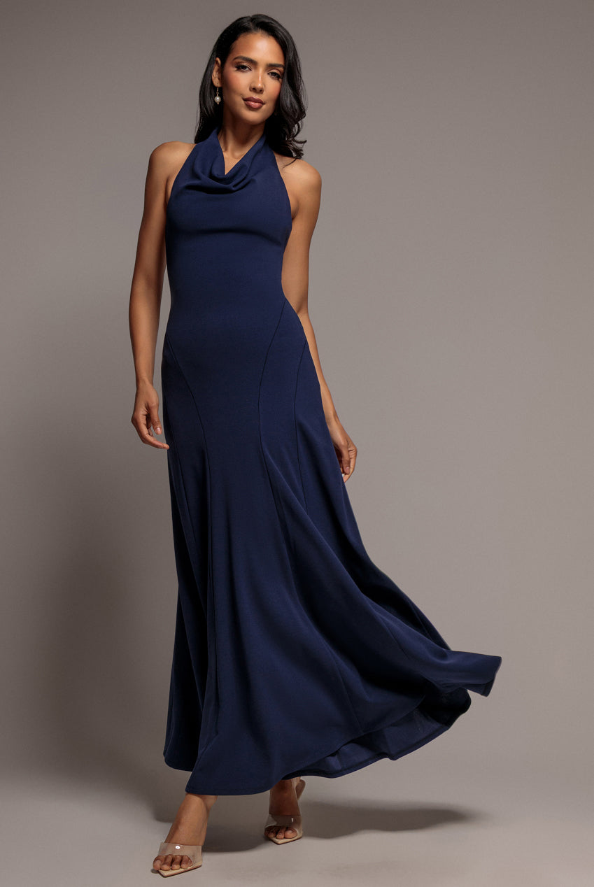 Halterneck Cowl Neck Backless Scuba Crepe Maxi Dress - Navy Blue DR5148