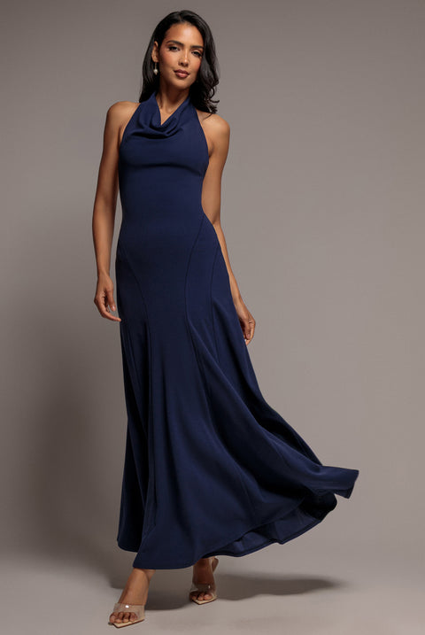 Halterneck Cowl Neck Backless Scuba Crepe Maxi Dress - Navy Blue by Goddiva