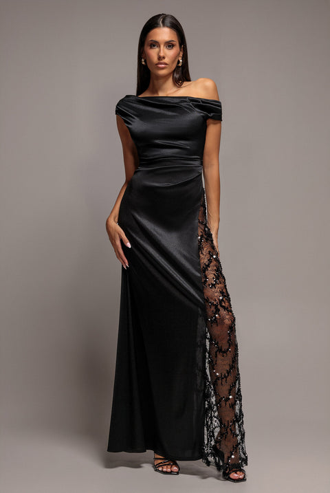 Lace Inserted Asymmetric One Shoulder Satin Maxi Dress - Black by Goddiva