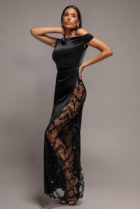 Lace Inserted Asymmetric One Shoulder Satin Maxi Dress - Black by Goddiva