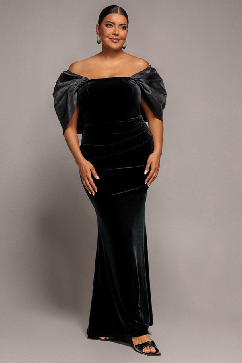 Off Shoulder Velvet Maxi Dress With Textured Satin Back Bow - Black DR5161PLUS