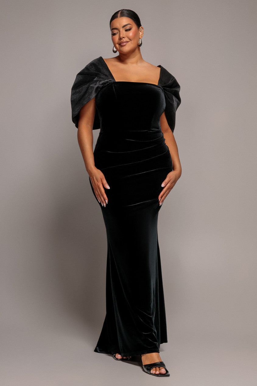 Off Shoulder Velvet Maxi Dress With Textured Satin Back Bow - Black DR5161PLUS