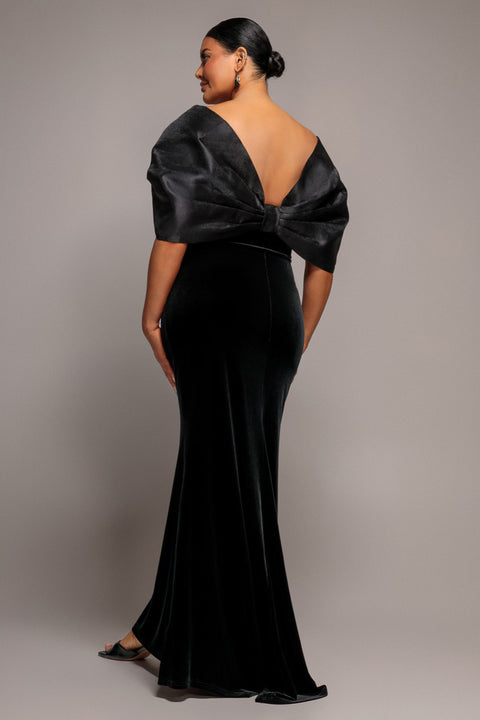 Off Shoulder Velvet Maxi Dress With Textured Satin Back Bow - Black by Goddiva Plus