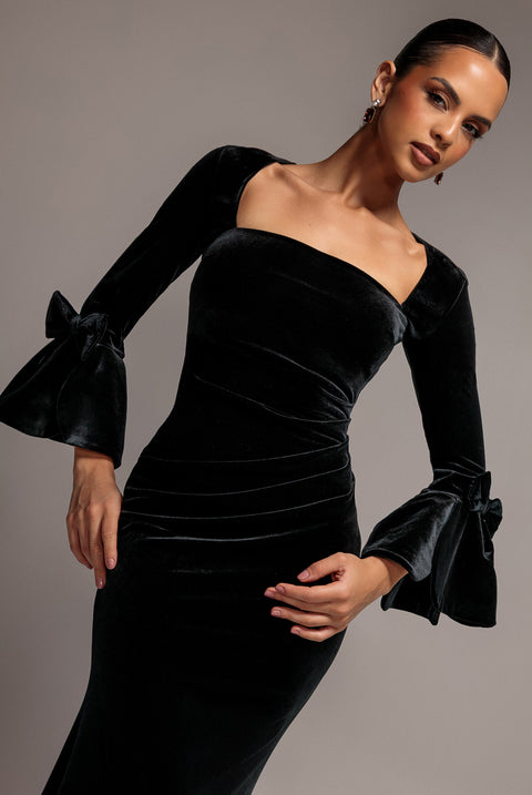 Petal Bow Sleeve Frill Velvet Maxi Dress - Black by Goddiva