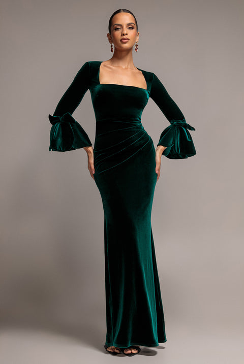 Petal Bow Sleeve Frill Velvet Maxi Dress - Emerald Green by Goddiva