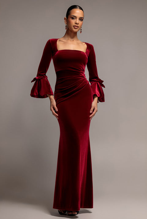 Petal Bow Sleeve Frill Velvet Maxi Dress - Wine by Goddiva