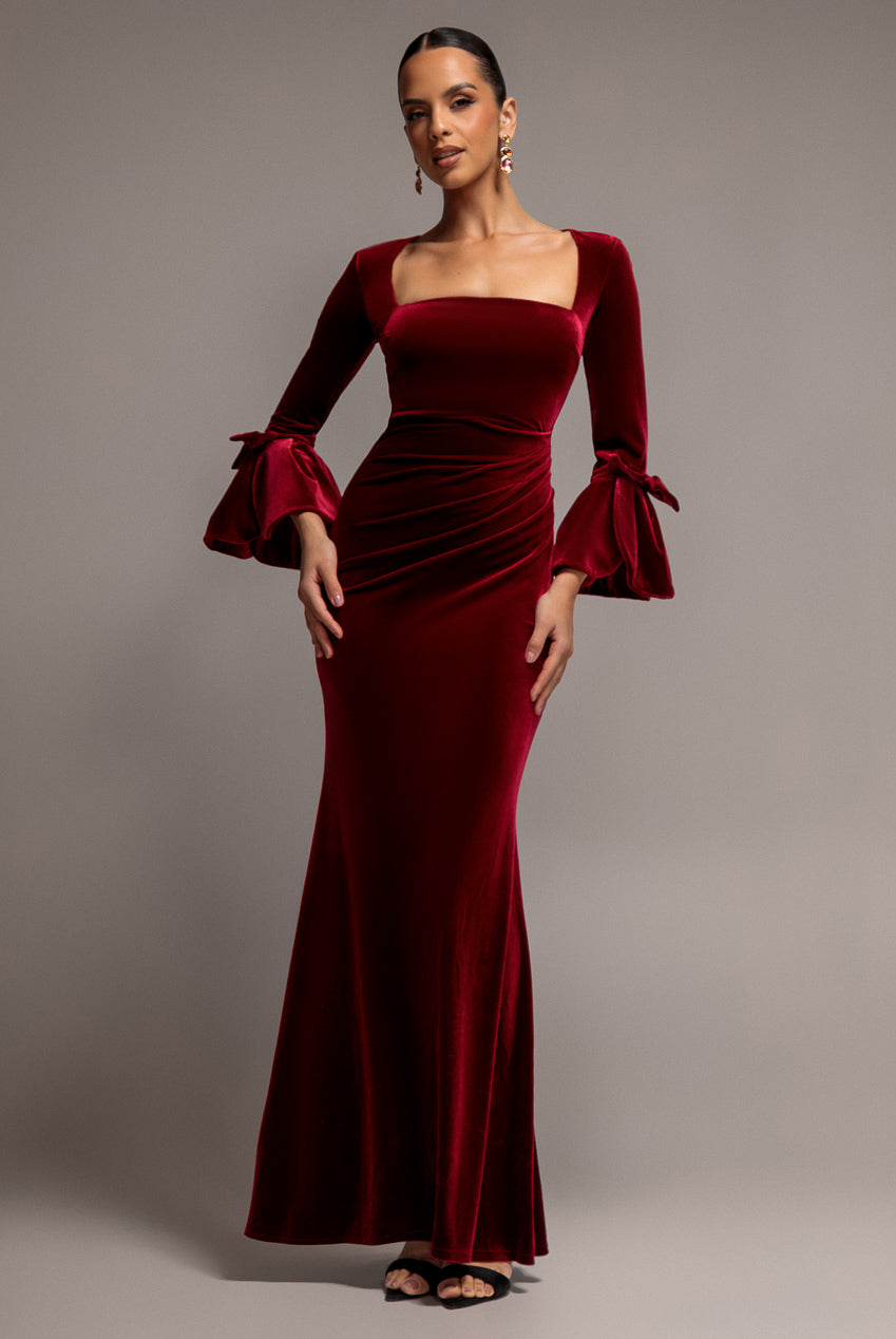 Petal Bow Sleeve Frill Velvet Maxi Dress - Wine DR5164