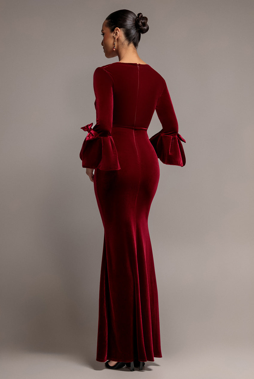 Petal Bow Sleeve Frill Velvet Maxi Dress - Wine DR5164