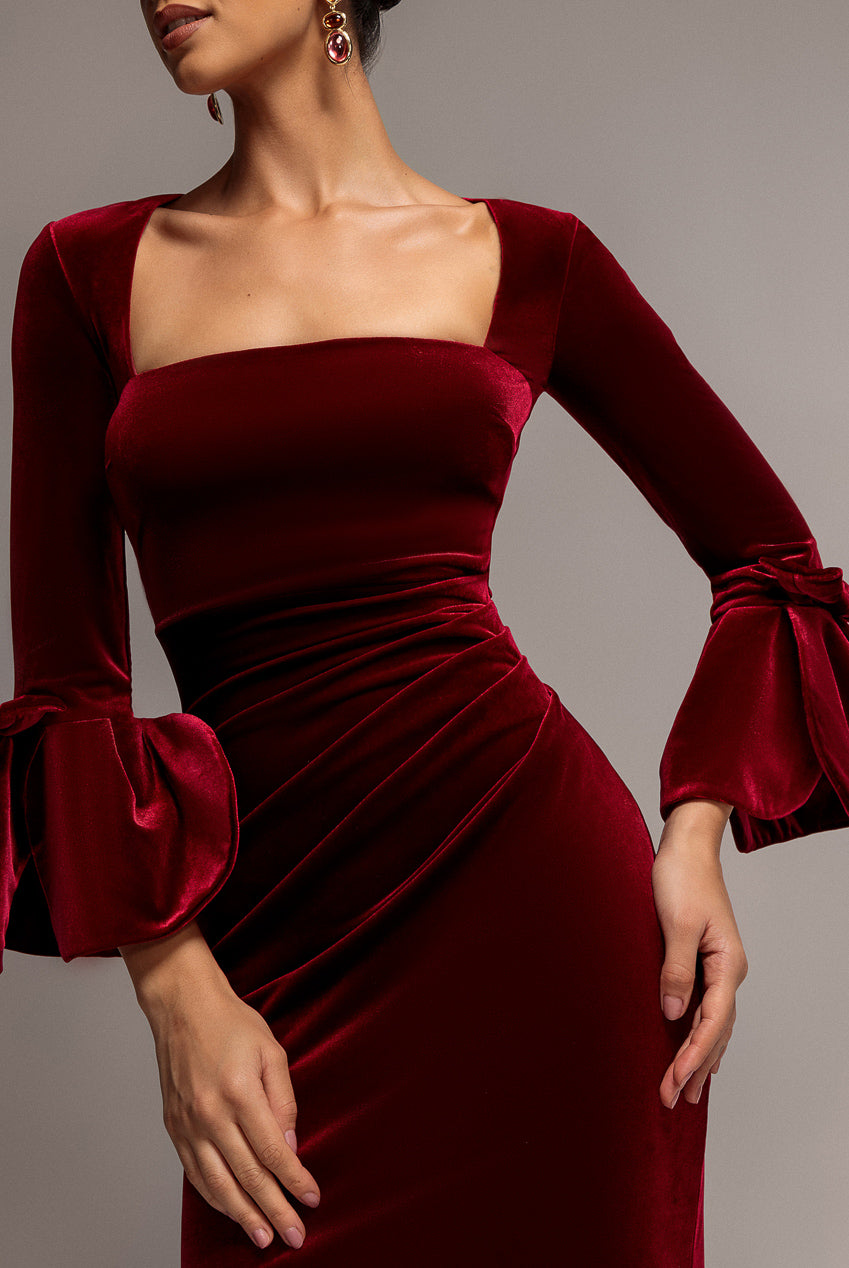 Petal Bow Sleeve Frill Velvet Maxi Dress - Wine DR5164