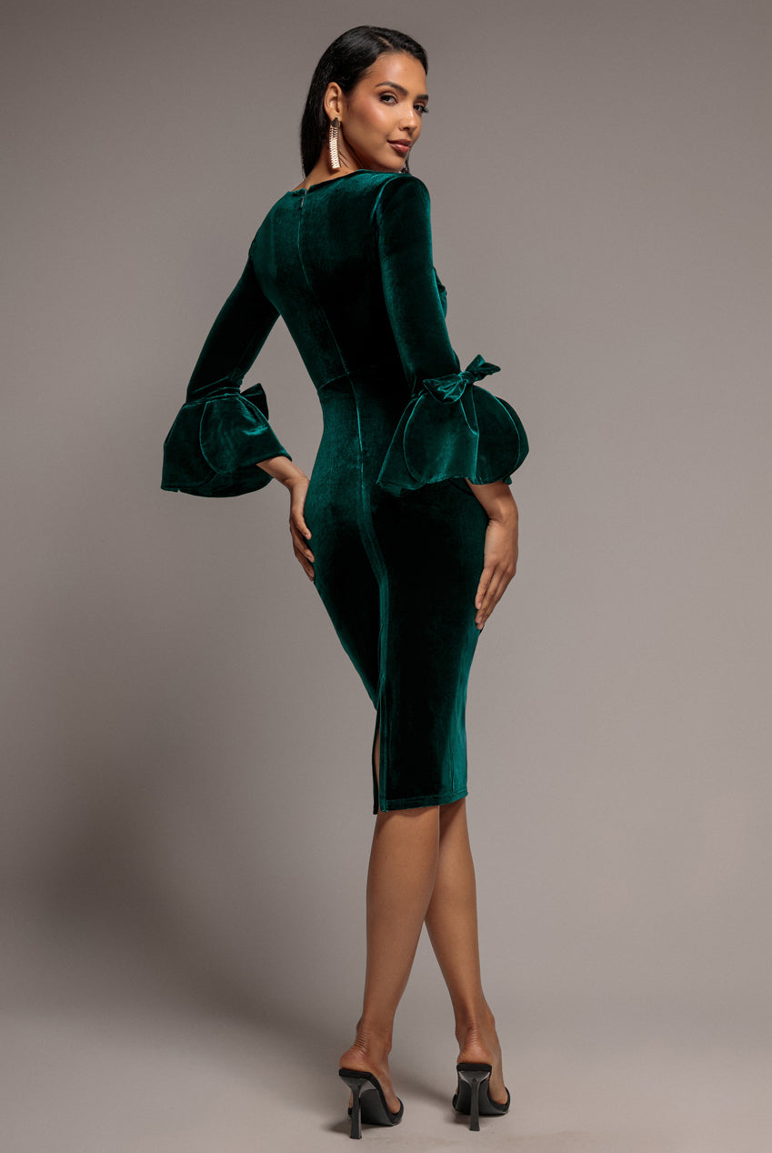 Petal Bow Sleeve Frill Velvet Midi Dress - Emerald Green DR5165