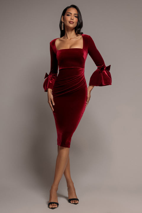 Petal Bow Sleeve Frill Velvet Midi Dress - Wine by Goddiva
