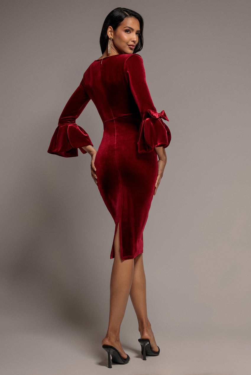 Petal Bow Sleeve Frill Velvet Midi Dress - Wine DR5165