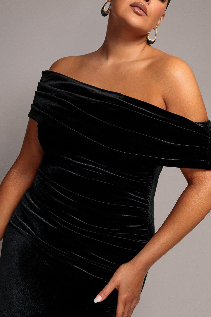 Velvet One Shoulder Fit And Flare Maxi Dress - Black DR5166PLUS