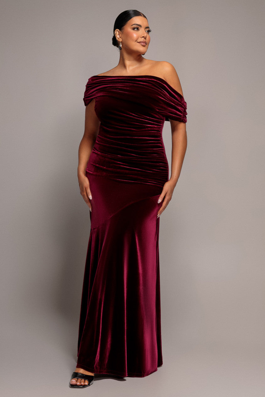 Velvet One Shoulder Fit And Flare Maxi Dress - Burgundy DR5166PLUS