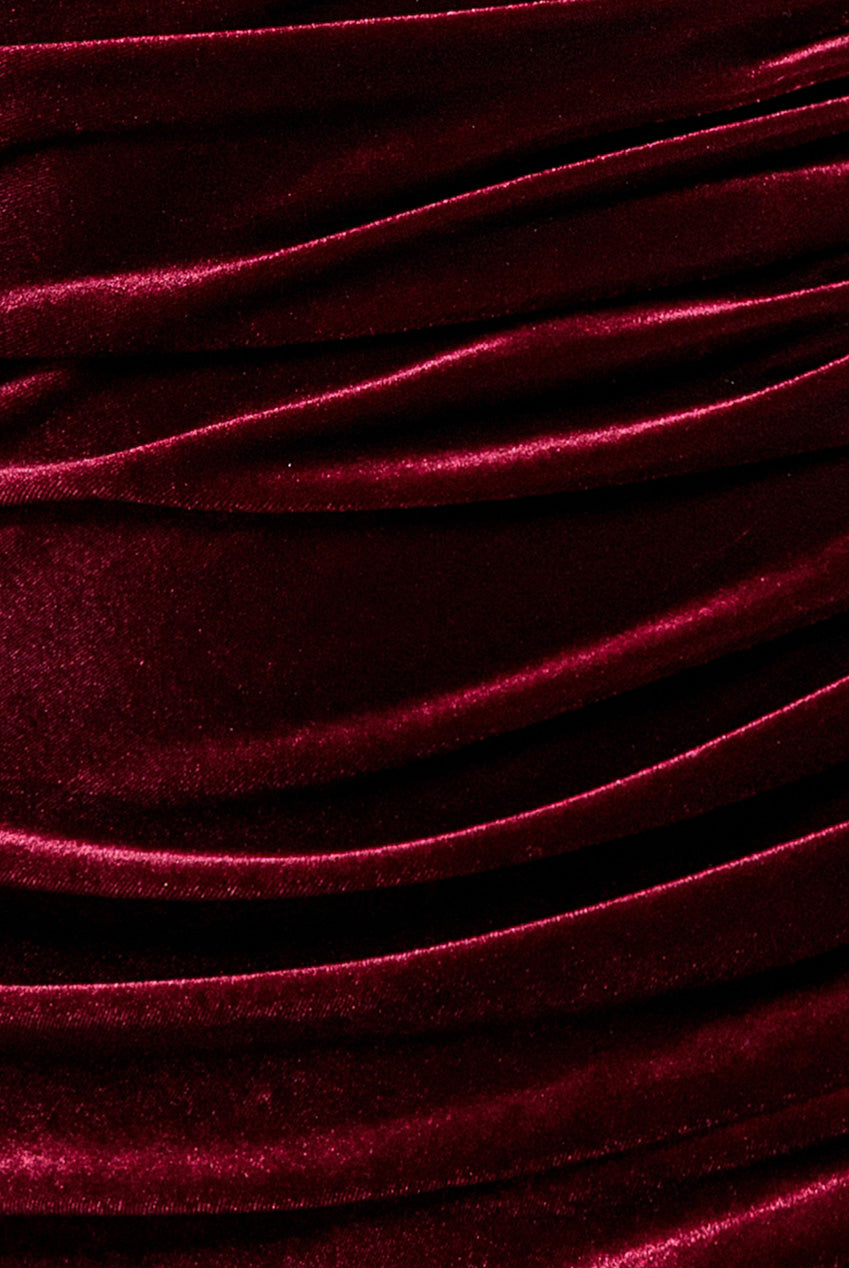 Velvet One Shoulder Bardot Fit And Flare Maxi Dress - Burgundy DR5166
