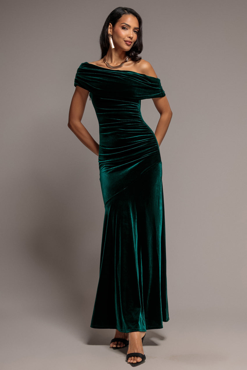 Velvet One Shoulder Bardot Fit And Flare Maxi Dress - Emerald Green DR5166
