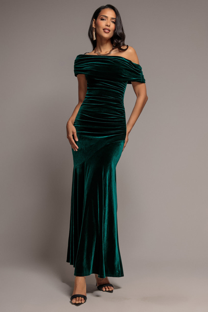 Velvet One Shoulder Bardot Fit And Flare Maxi Dress - Emerald Green DR5166
