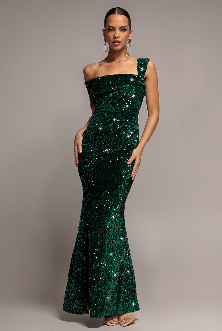 Asymmetric Off Shoulder Pleated Waist Maxi Dress - Emerald Green DR5171