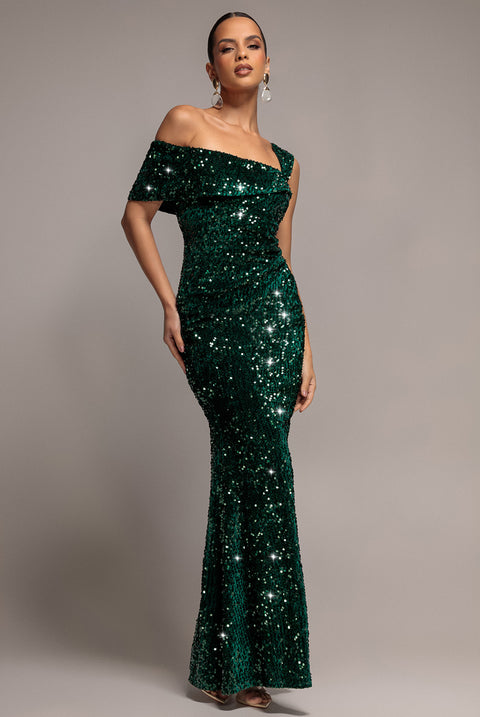 Asymmetric Off Shoulder Pleated Waist Maxi Dress - Emerald Green by Goddiva