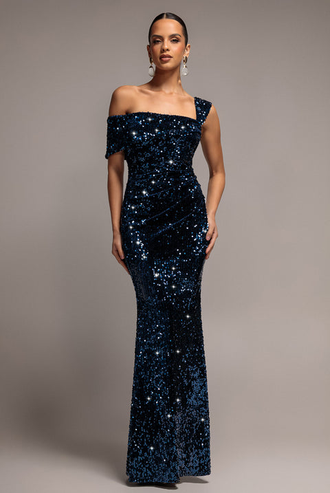 Asymmetric Off Shoulder Pleated Waist Maxi Dress - Navy Blue by Goddiva
