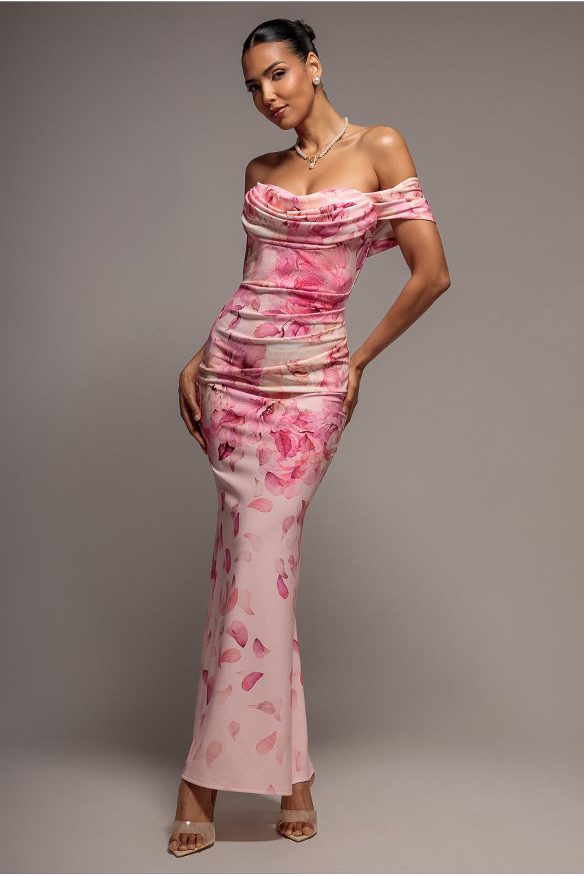 Printed Cowl Neck Pleated Waist Maxi Dress - Blush Pink DR5186