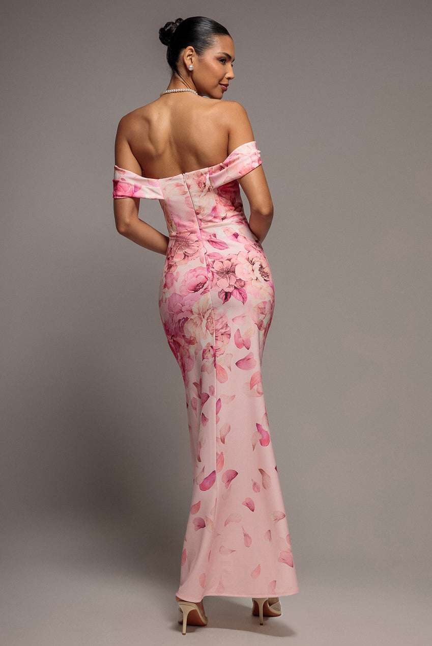 Printed Cowl Neck Pleated Waist Maxi Dress - Blush Pink DR5186