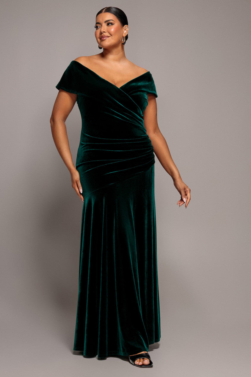 Plain Velvet Off Shoulder Pleated Maxi Dress - Emerald Green DR5187PLUS