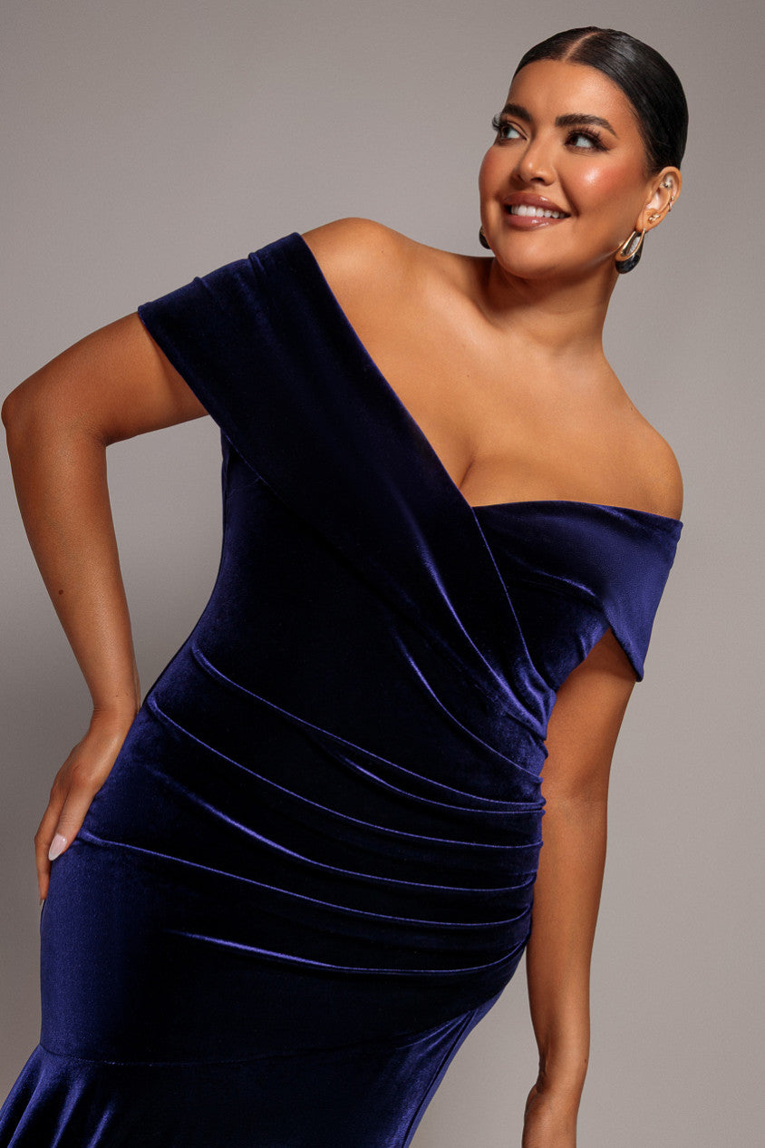 Plain Velvet Off Shoulder Pleated Maxi Dress - Indigo DR5187PLUS
