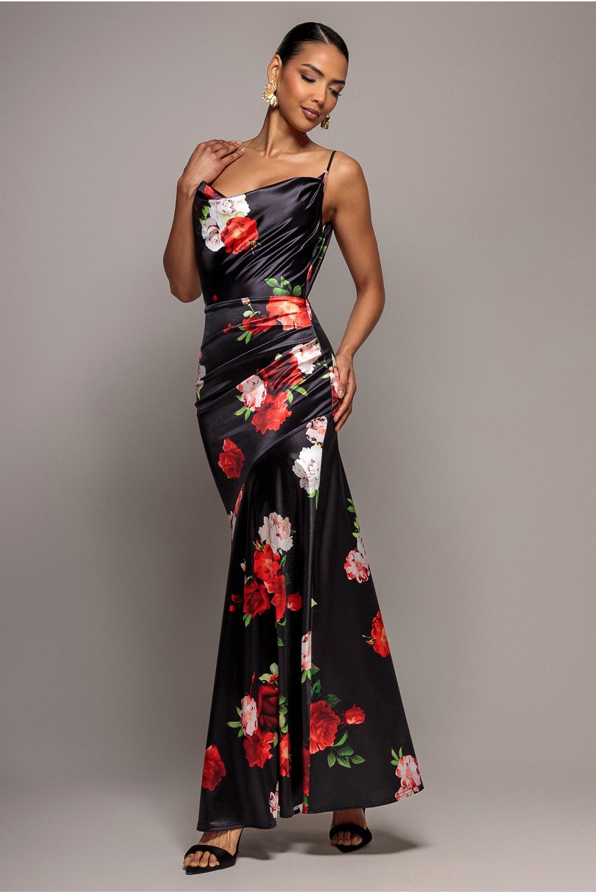 Floral Print Satin Cowl Neck Maxi Dress - Black DR5191