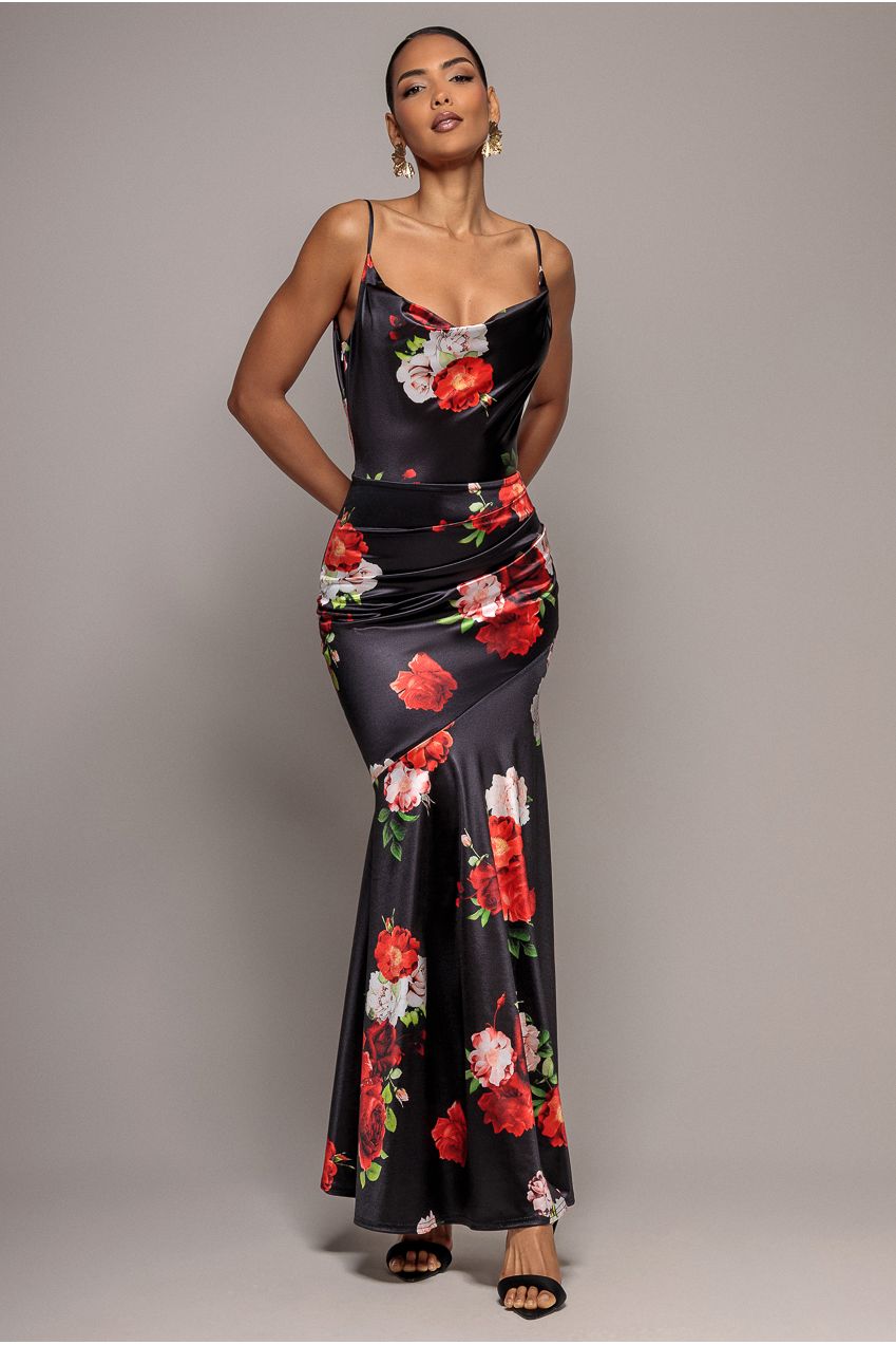 Floral Print Satin Cowl Neck Maxi Dress - Black DR5191